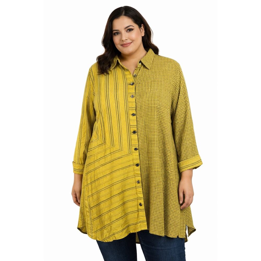 Ali Miles Yellow Striped Plaid Button Front Tunic Shirt Artsy Boho Work Women 1x